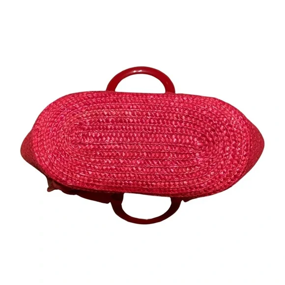 Betmar NY Hot Pink Spring/Summer Straw bag with floral accent and striped lining - Picture 5 of 7